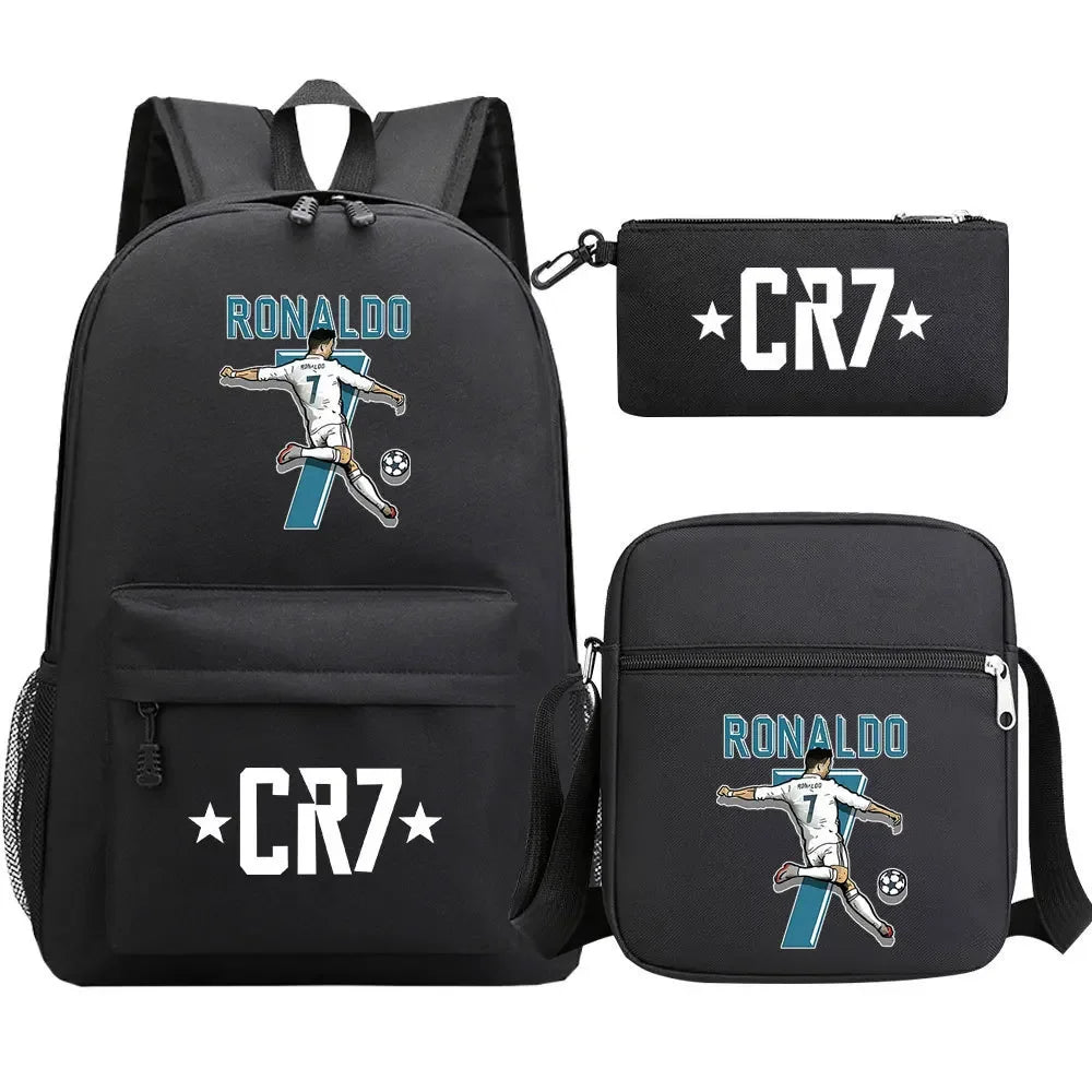 3-Piece Ronaldo Print Soccer Star School Backpack Set for Kids