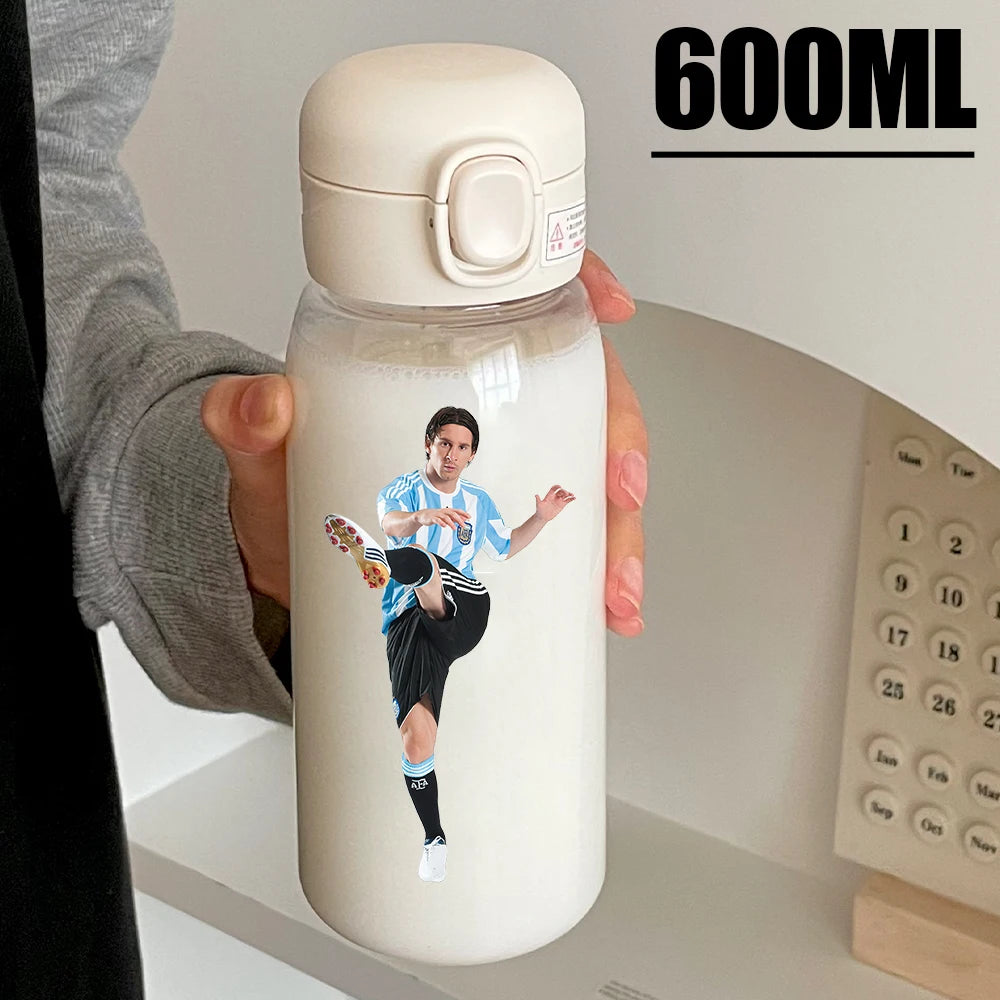 Football Star 600ML Drink Bottle Water Coffee Cup Portable Outdoor Sport Flip Cover Transparent Cup with Straw Cristiano Ronaldo