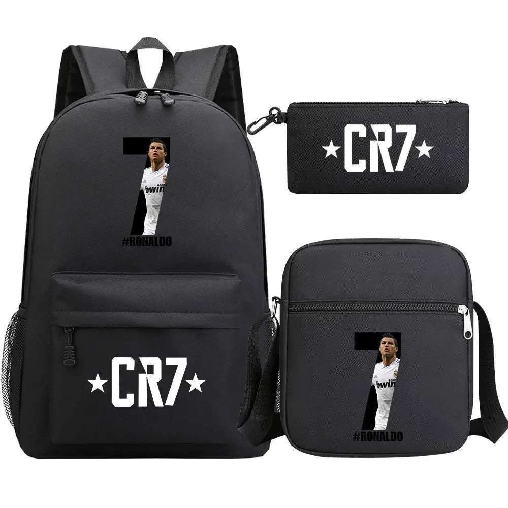 3-Piece Ronaldo Print Soccer Star School Backpack Set for Kids