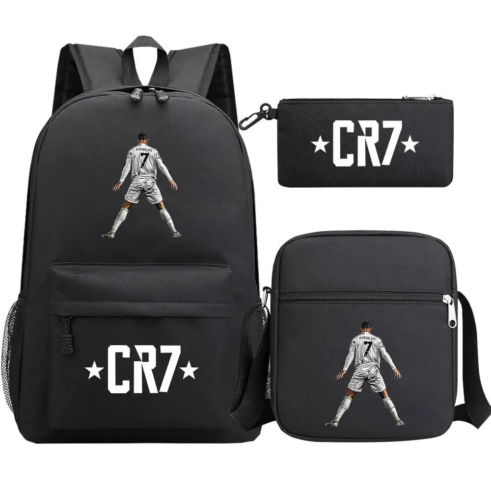 3-Piece Ronaldo Print Soccer Star School Backpack Set for Kids