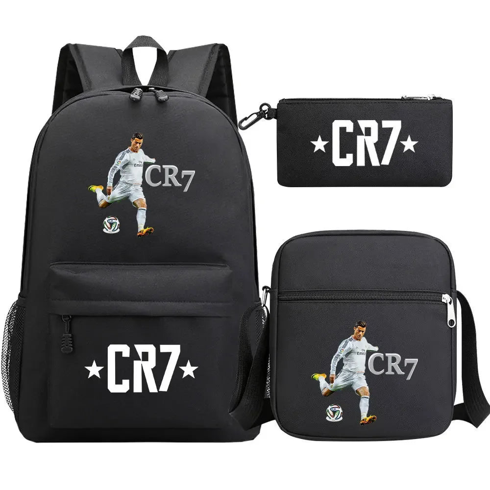 3-Piece Ronaldo Print Soccer Star School Backpack Set for Kids