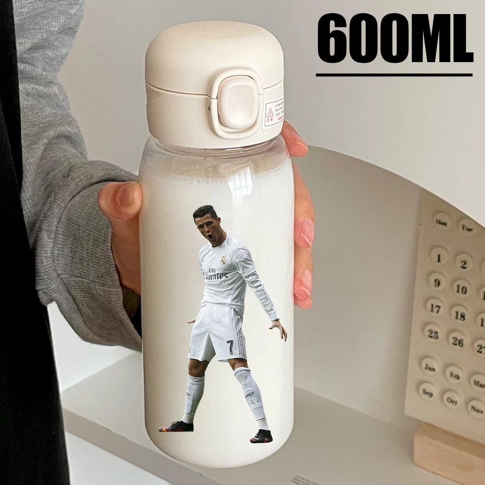 Football Star 600ML Drink Bottle Water Coffee Cup Portable Outdoor Sport Flip Cover Transparent Cup with Straw Cristiano Ronaldo